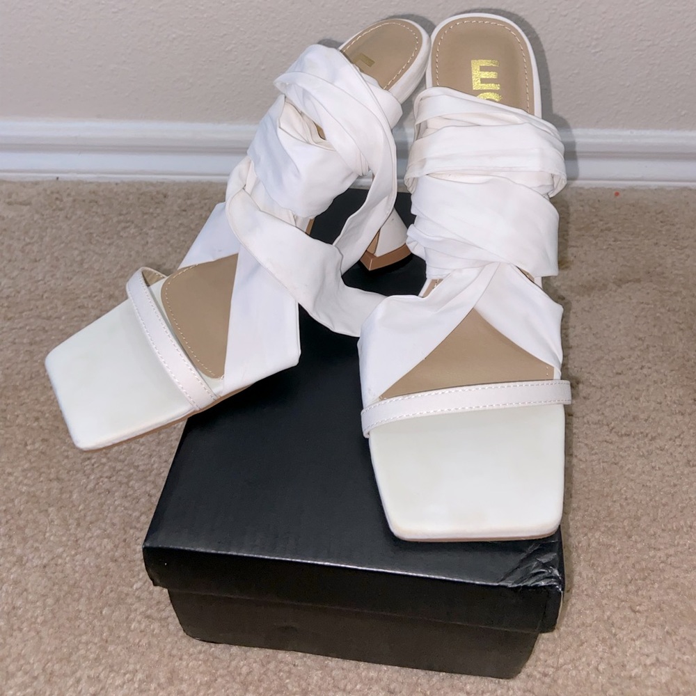 Nick Lace Up Square Peep Toe Sculptured Heel in white chiffon